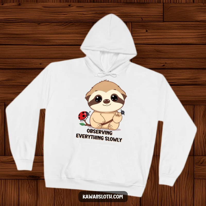 Funny hoodie design featuring a sloth with large, dreamy eyes watching a ladybug, offering warmth and whimsical, humorous artistry.