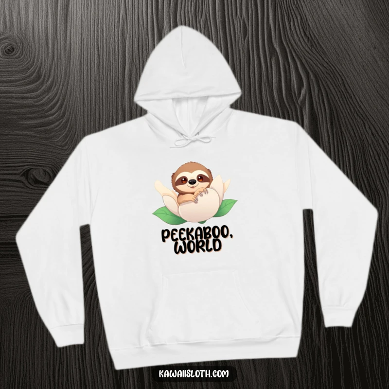 Funny hoodie with a sloth peeking out from behind a massive flower. Conveys a sense of playful mystery and hidden amusement.