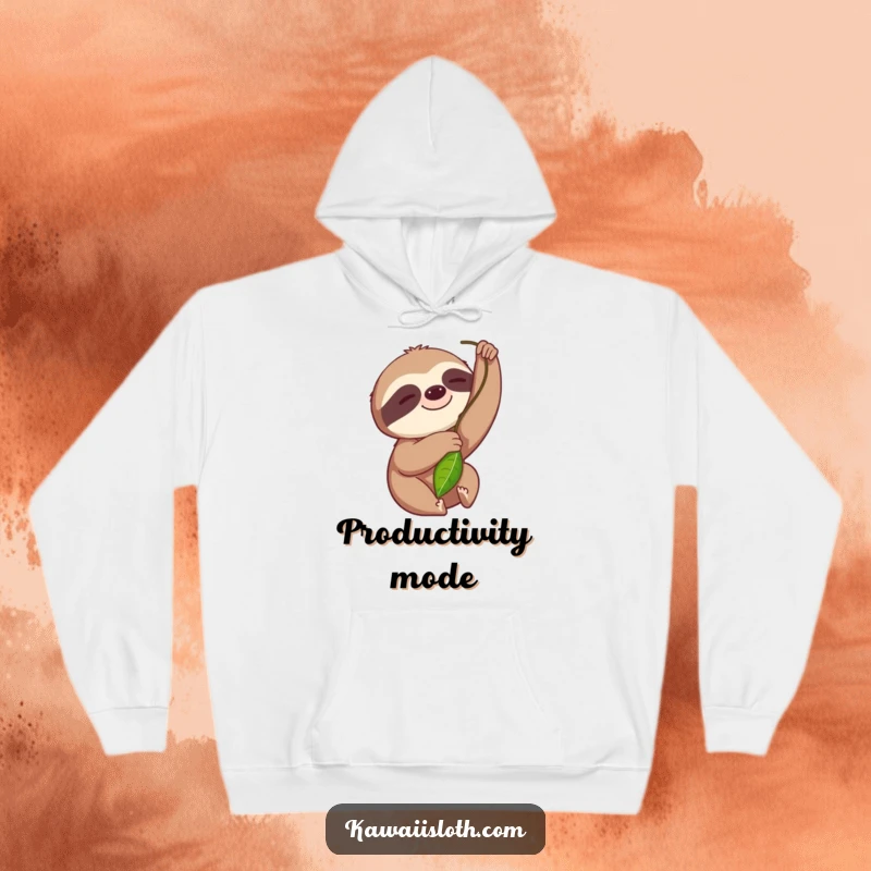 Funny hoodie showcasing a smiling sloth slowly stretching its arm to grasp a leaf, radiating a peaceful and content vibe.