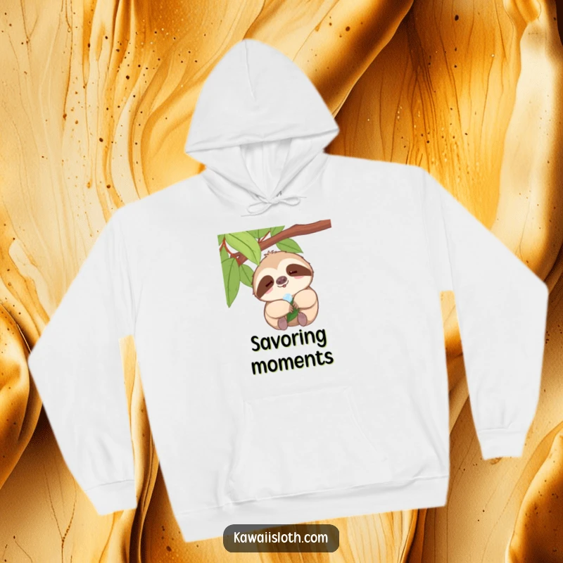 Funny sloth hoodie, tiny smile sloth enjoying a dewdrop on a leaf, humorous and cozy, great funny gift.
