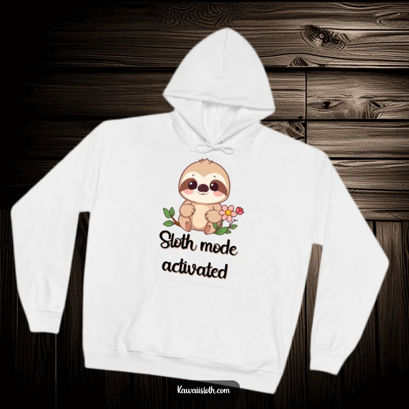 Funny hoodie featuring a surprised sloth discovering a hidden flower, offering warmth and a humorous visual. A great gift.