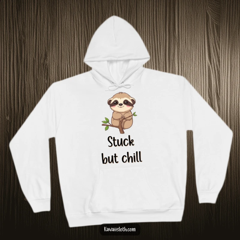 Funny hoodie featuring a sloth comically stuck on a small branch, offering comfortable and humorous wear.