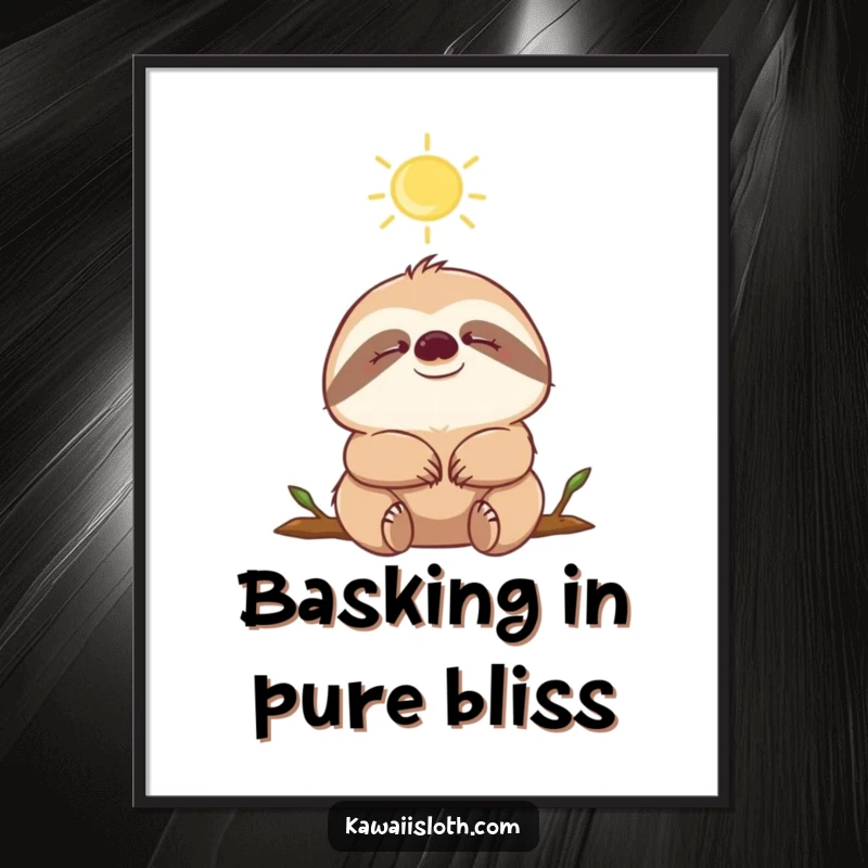 Funny free printable wall art: A content sloth with closed eyes, blissfully enjoying a warm sunbeam, perfect for a relaxing ambiance.