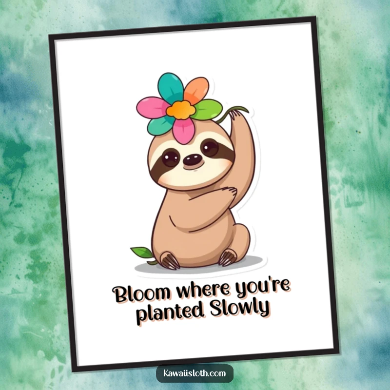 Funny Free Printable Wall Art: A peaceful sloth balancing a vibrant flower on its head, bringing calm and smiles.