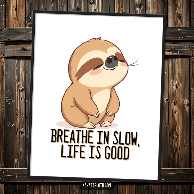 Funny Free Printable Wall Art: A sloth with a peaceful expression sits contentedly, enjoying a gentle, refreshing breeze. Downloadable art.