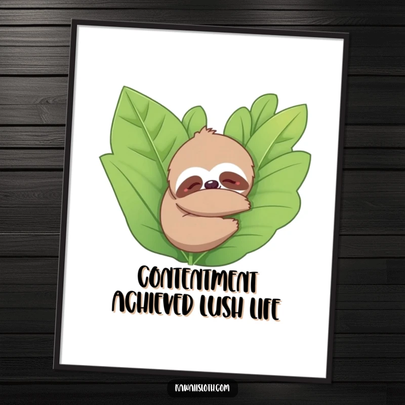 Funny Free Printable Wall Art: Sloth peacefully hugging a leafy plant, embodying calm and contentment in nature.