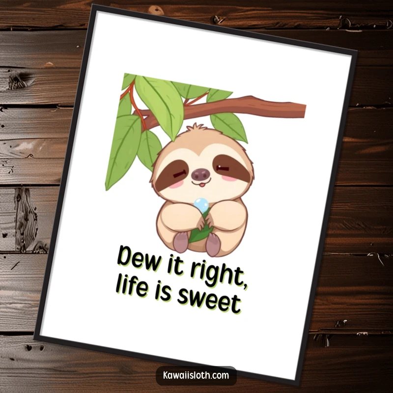 Funny Free Printable Wall Art: A sloth with a tiny smile slowly enjoys a glistening dewdrop on a green leaf. Zen vibes.