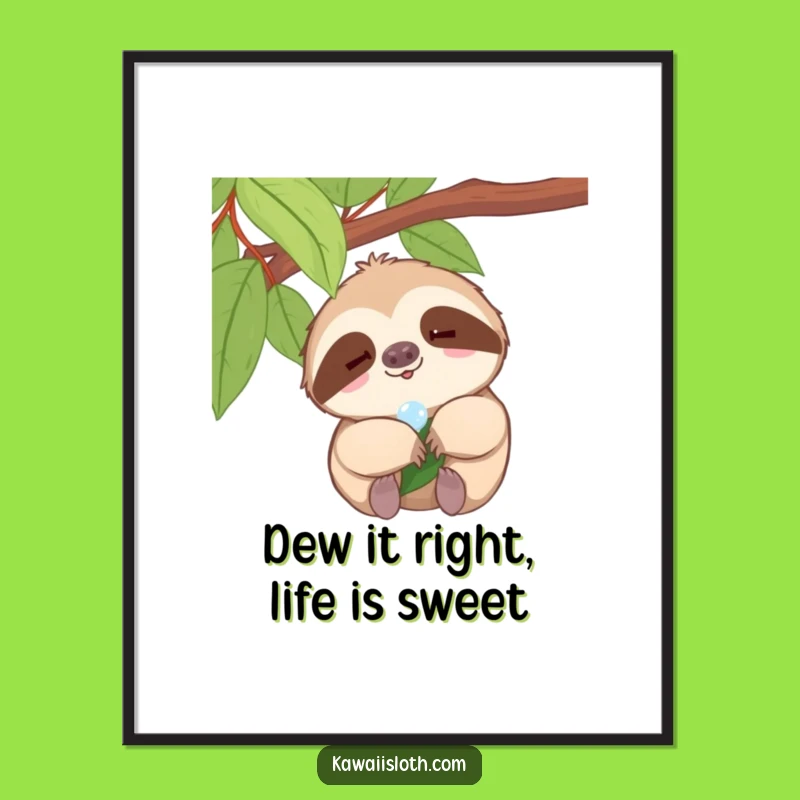 Free Printable Wall Art: Smiling Sloth Dewdrop - Funny Animal Downloadable Decor