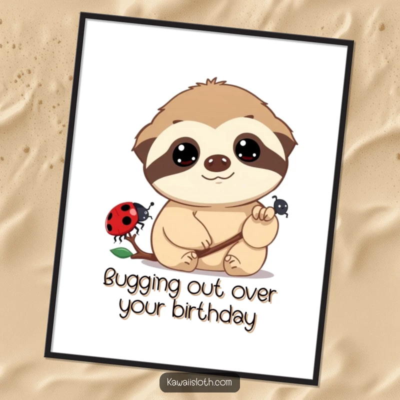 Funny Free Printable Wall Art: A sloth with dreamy eyes observes a ladybug, creating a peaceful and humorous visual.