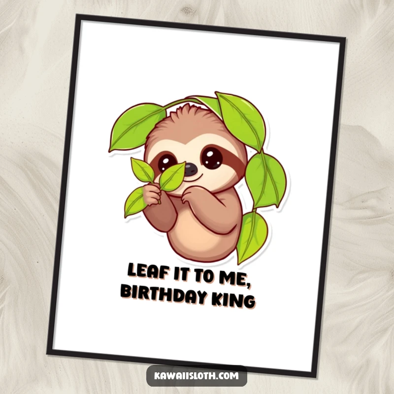 Funny Free Printable Wall Art: A whimsical sloth hilariously grips a single leaf, perfect for adding sloth humor to decor.