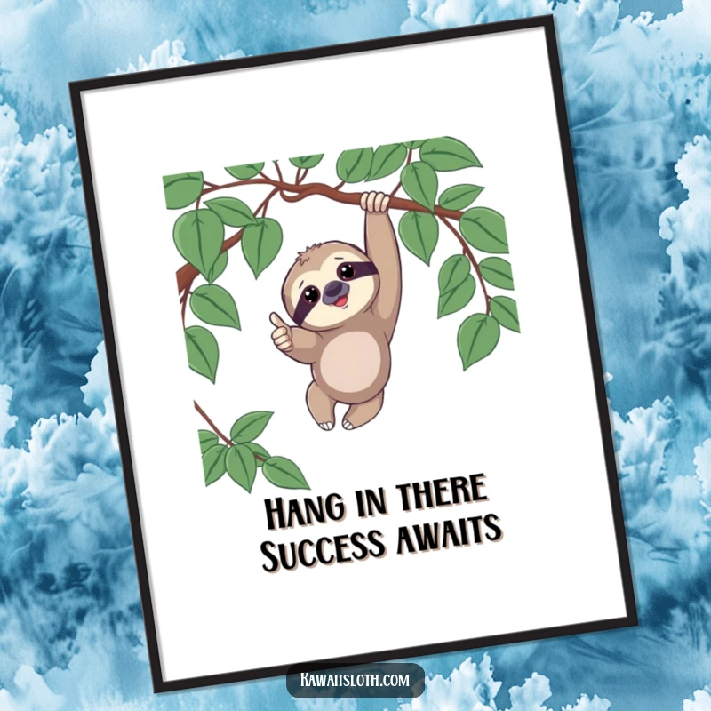 Funny Free Printable Wall Art: A smiling sloth dangles from a vine, giving a cheerful thumbs up.