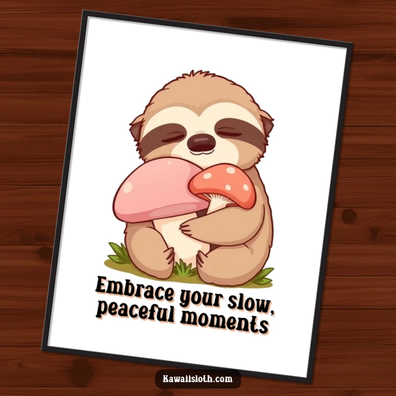 Funny Free Printable Wall Art: Content Sloth gently hugging a large mushroom with closed eyes