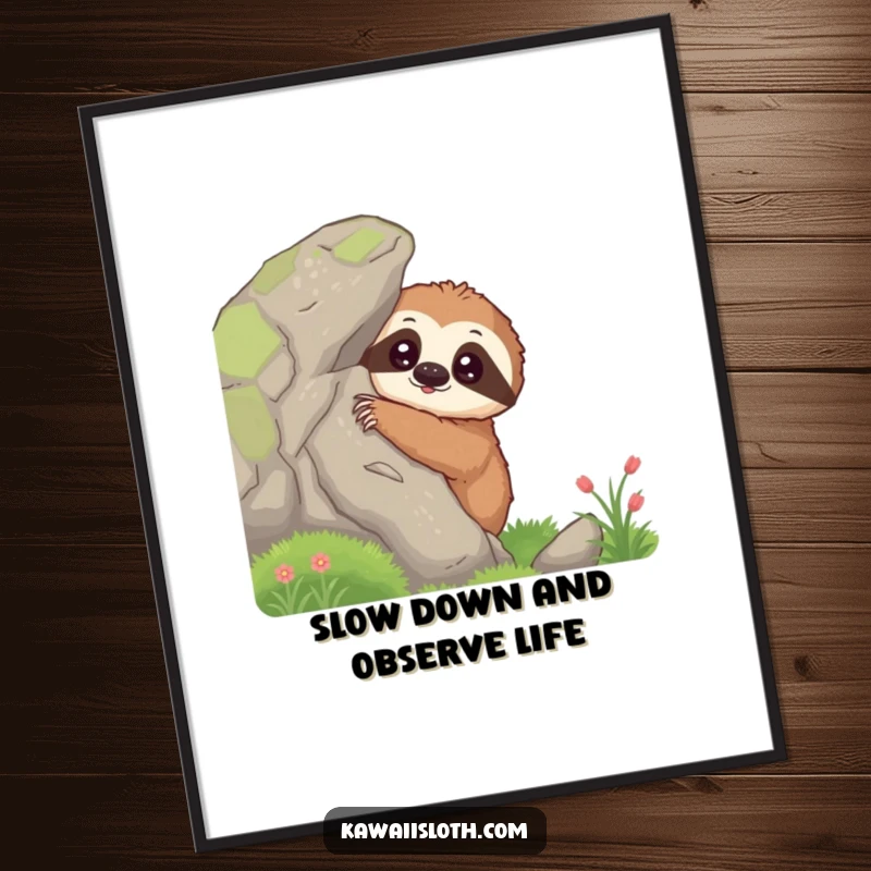 Funny Free Printable Wall Art: Curious Sloth Peeking from Mossy Rock, Slow Interest