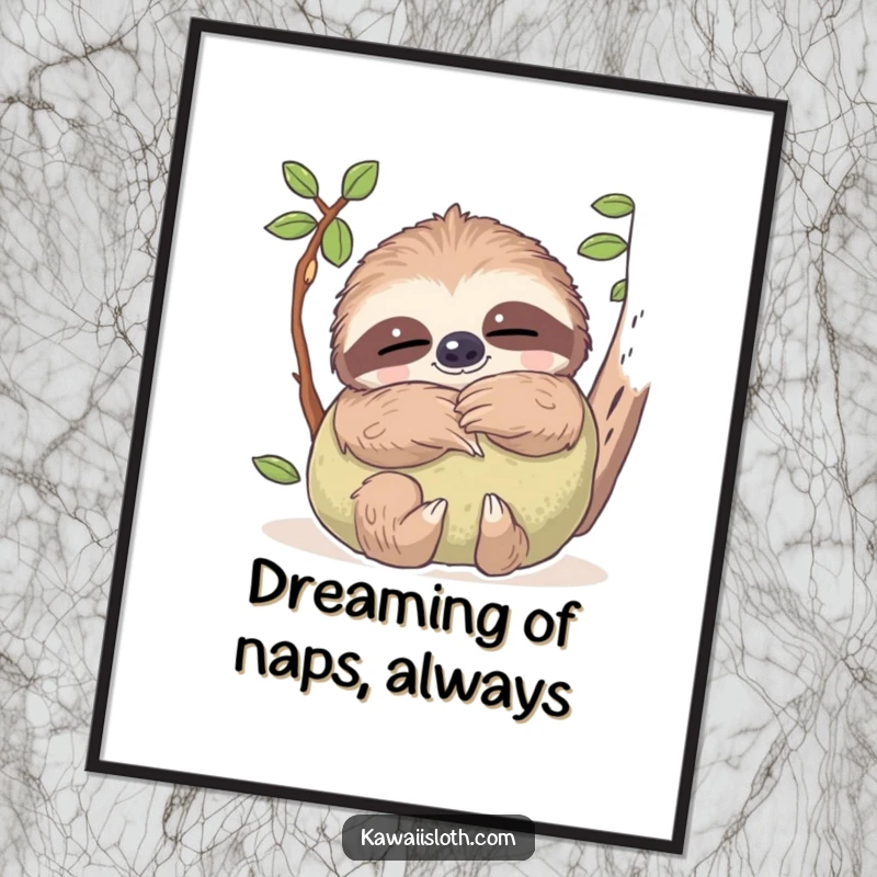 Funny Free Printable Wall Art: A sloth with dreamy eyes securely hugging a soft, mossy pillow, radiating peace and comfort.