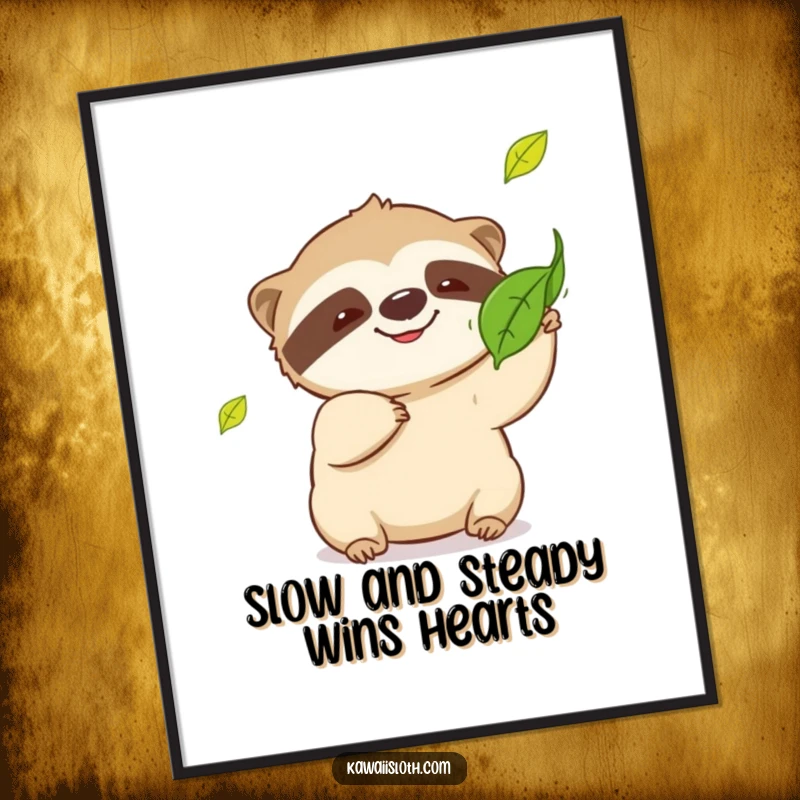 Funny Free Printable Wall Art: A playful sloth with a slow grin comically tries to catch a single falling leaf. Whimsical decor.