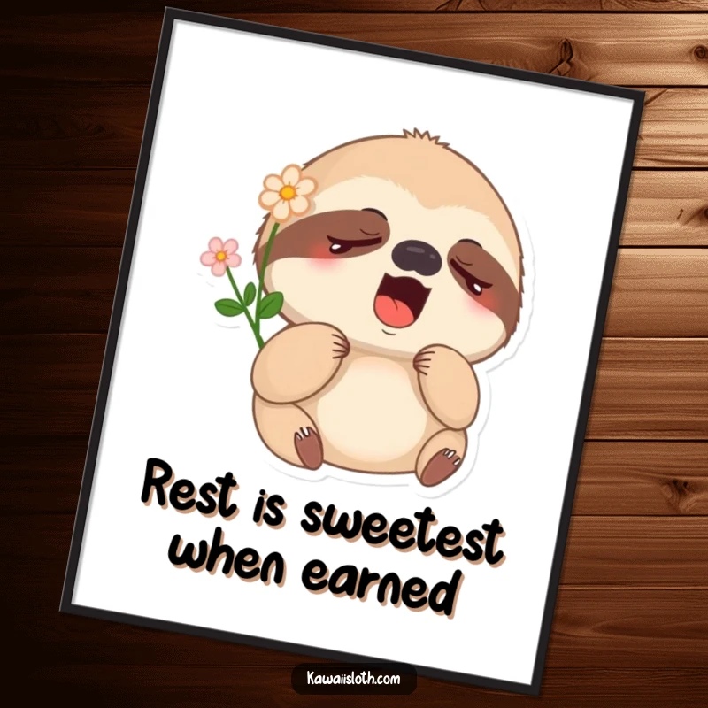 Funny Free Printable Wall Art: Sleepy Sloth yawning deeply with a flower on its head