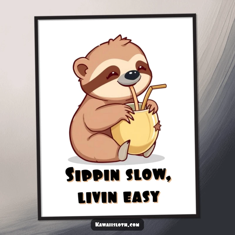 Funny Free Printable Wall Art: A sloth leisurely sips from a coconut cup with a straw, embodying tropical relaxation and chill.