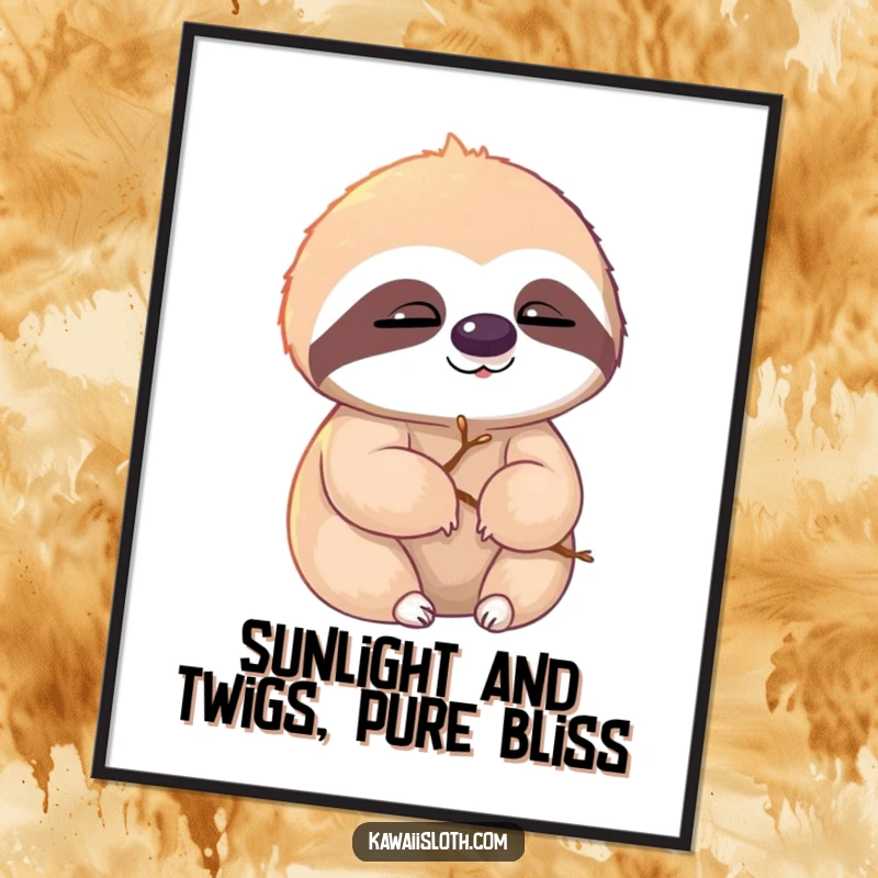 Funny Free Printable Wall Art: Sloth with small twigs in its fur, slowly blinking contentedly in warm sunlight. Peaceful and funny.