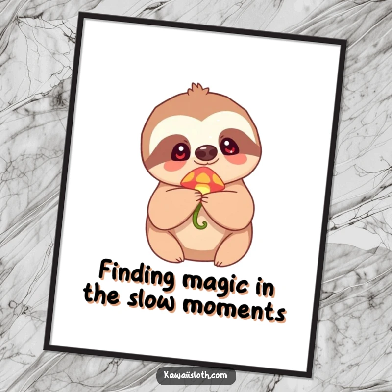 Funny Free Printable Wall Art: Sloth gazes in wonder at a tiny glowing mushroom, a magical DIY decor item.