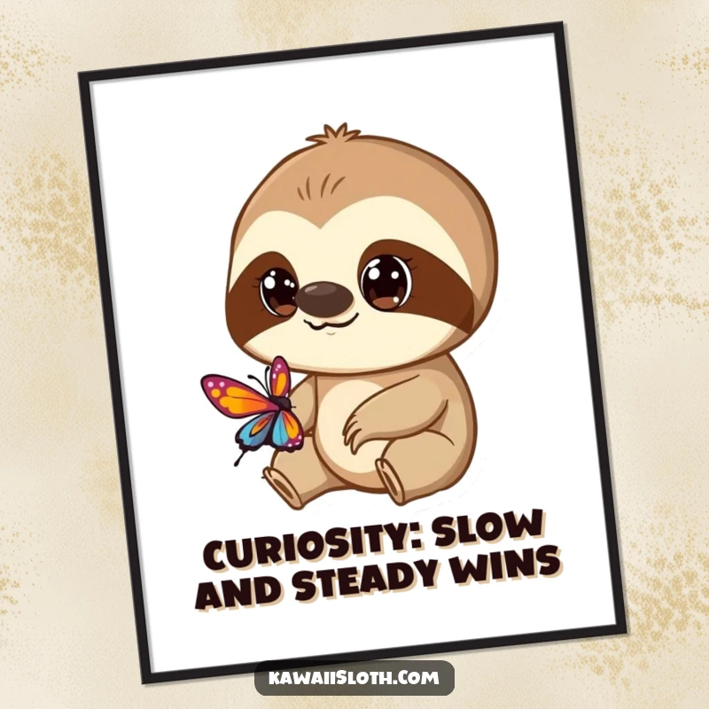 Funny Free Printable Wall Art: A sloth with wide, curious eyes intently watches a vibrant, colorful butterfly. Downloadable art.