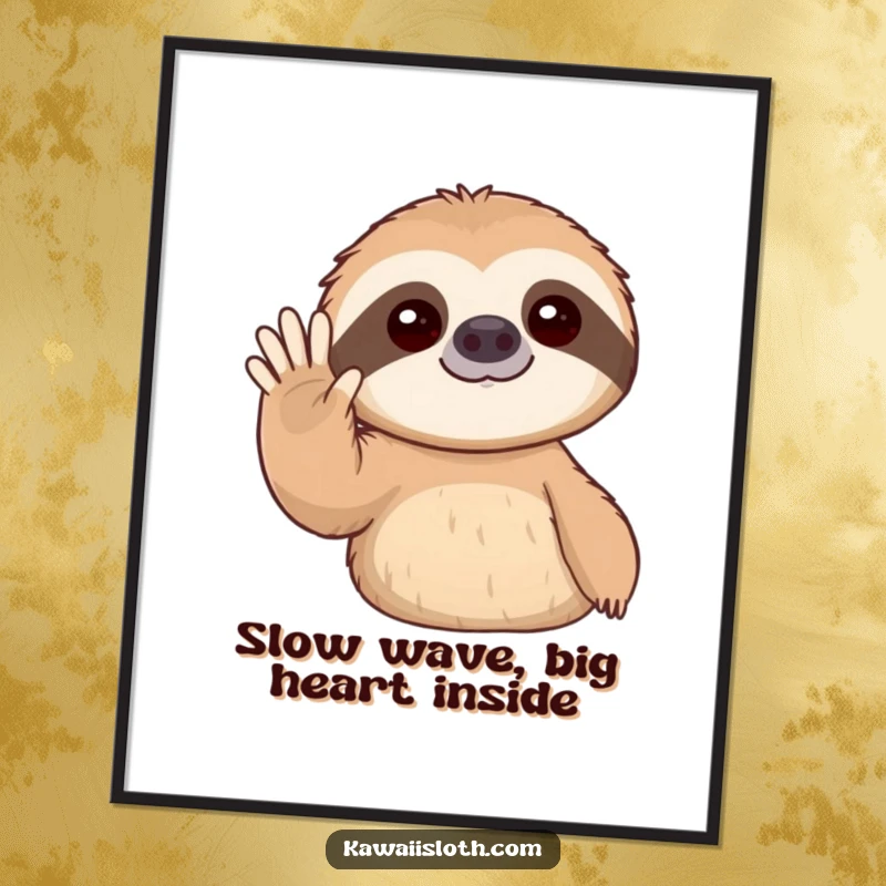 Funny Free Printable Wall Art: A sloth slowly moves its arm to give a friendly, gentle wave. Downloadable art.