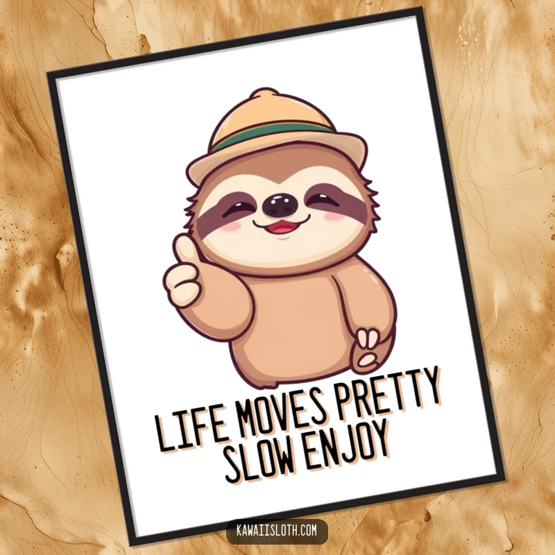 Funny Free Printable Wall Art: A lazy sloth wearing a small hat gives a chill thumbs up, embodying relaxed cool.