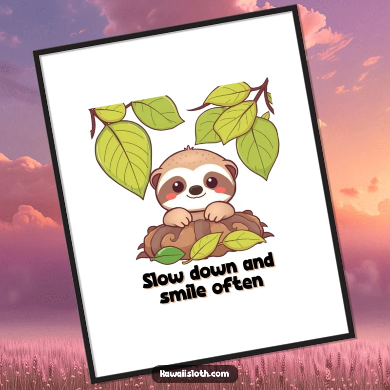 Funny Free Printable Wall Art: A charming sloth peeks from a leaf pile, offering a gentle, heartwarming smile.