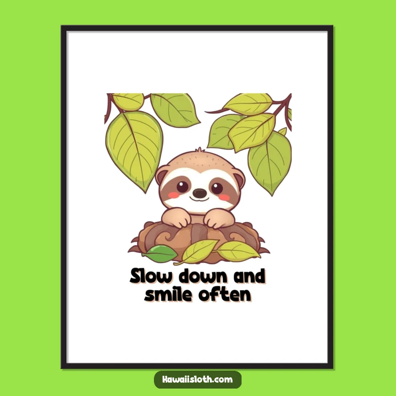 Funny Free Printable Wall Art: Smiling Sloth in Leaves Cute Downloadable Art