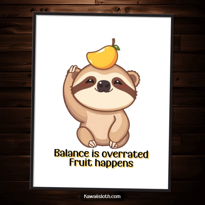 Funny Free Printable Wall Art of a sloth comically struggling to balance a piece of fruit on its head, looking determined.
