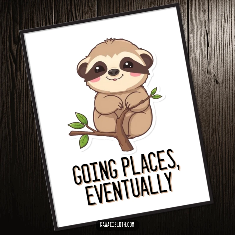 Funny free printable wall art of a sloth comically stuck halfway up a small branch, with dazed eyes.