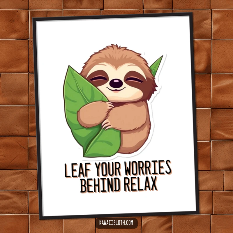 Funny Free Printable Wall Art: A sloth with sleepy eyes hugs a giant leaf, embodying peaceful comfort.