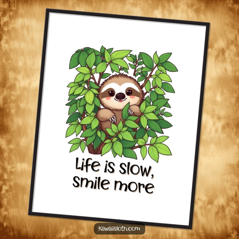 Funny Free Printable Wall Art: A sloth with a shy smile peeks through abundant green foliage.
