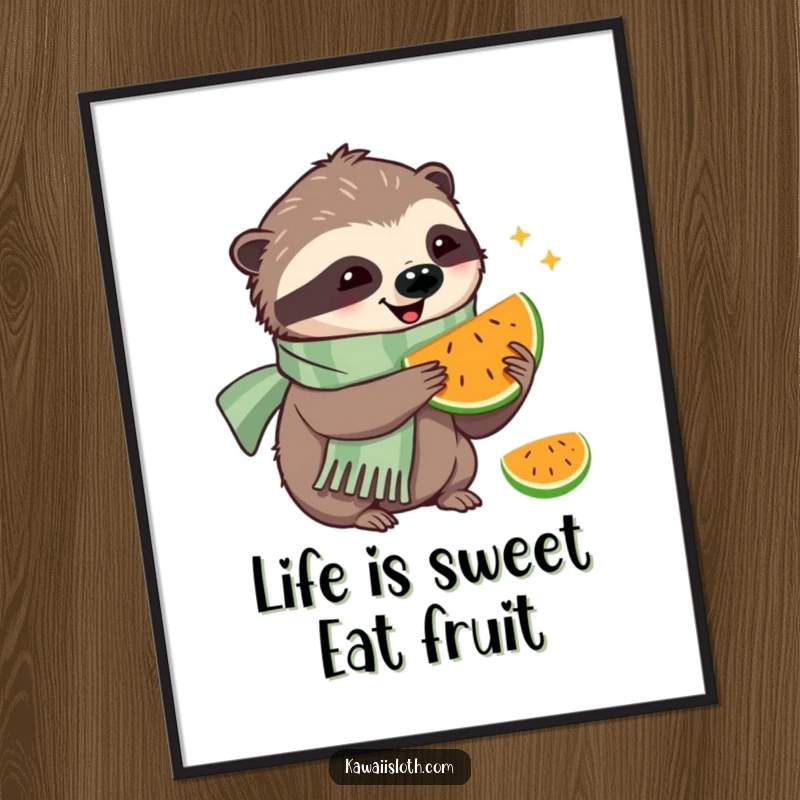 Funny Free Printable Wall Art: A happy sloth wearing a scarf takes a slow, contented bite of a juicy piece of fruit.