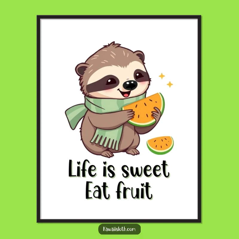 Funny Free Printable Wall Art: Happy Sloth Eating Fruit Cozy Downloadable Art