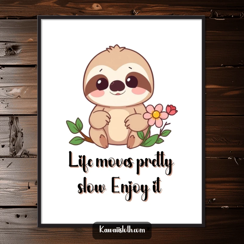 Funny Free Printable Wall Art: A surprised sloth peeking at a flower, perfect downloadable decor for your home