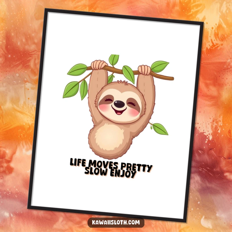 Funny Free Printable Wall Art: Happy Sloth Dangling Upside Down from Branch, Relaxed Smile