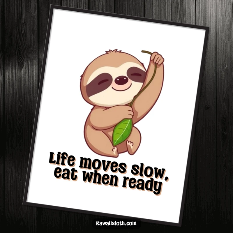Funny Free Printable Wall Art: A sloth with a slow, happy smile reaches languidly for a lush green leaf. Downloadable art.
