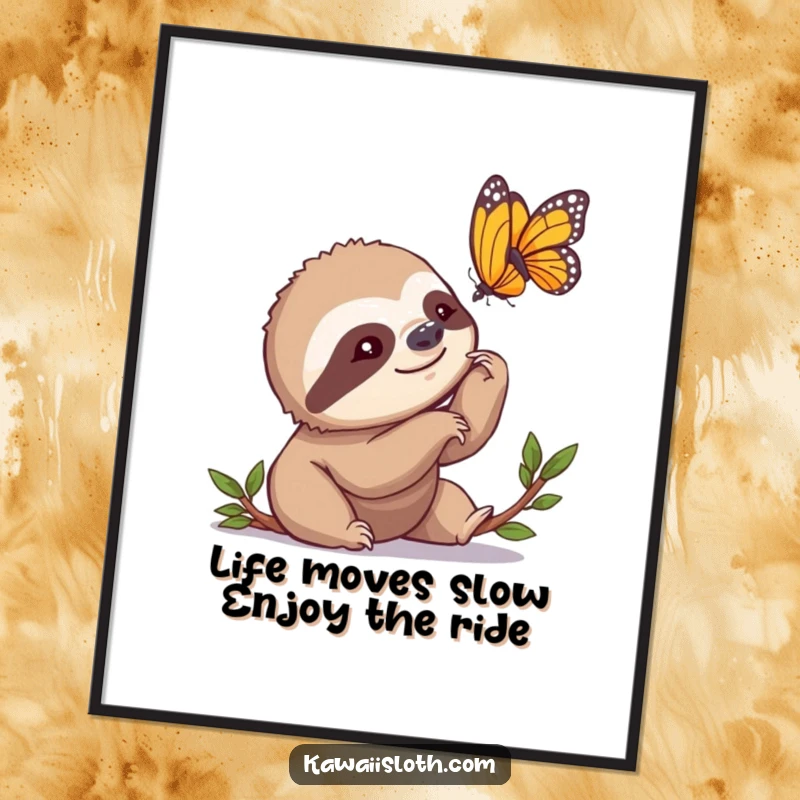 Funny Free Printable Wall Art: Sloth slowly nodding, admiring a butterfly, a peaceful and humorous DIY decor piece.