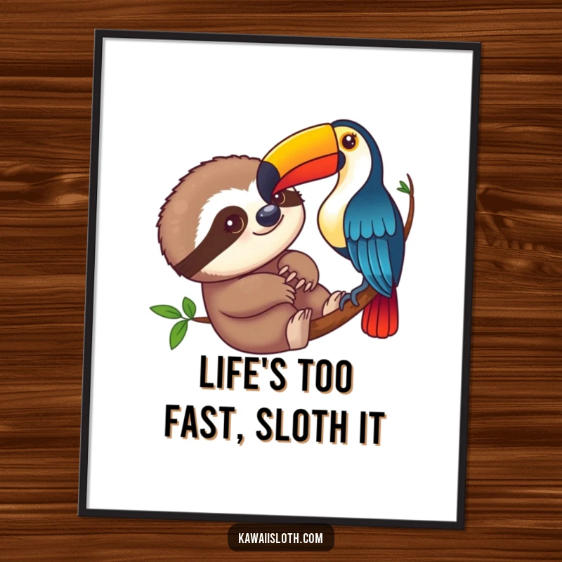 Funny Free Printable Wall Art: A curious sloth observes a vibrant toucan in a humorous jungle scene, ready for your wall.