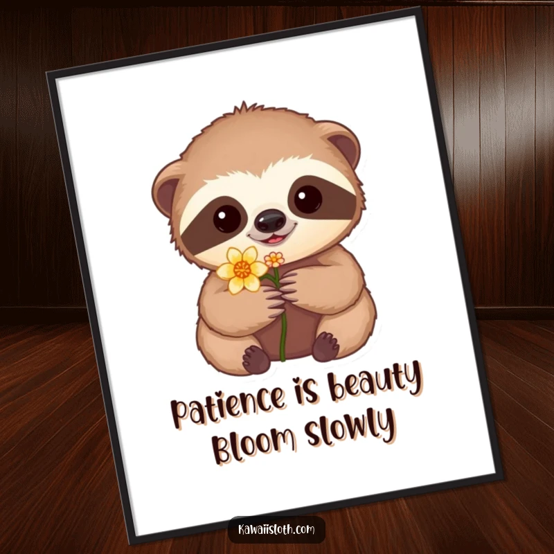 Funny Free Printable Wall Art: A cute sloth carefully holds a tiny flower, creating a heartwarming and humorous piece of decor.
