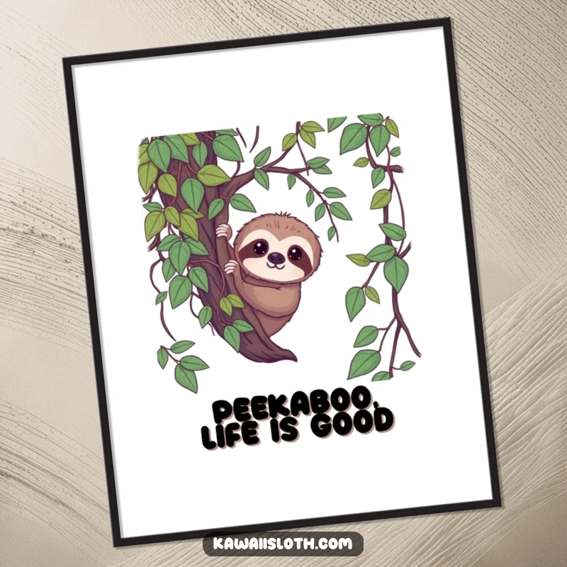 Funny Free Printable Wall Art: A shy sloth peeks from dense green vines, offering a gentle, serene gaze. Calm and cute.