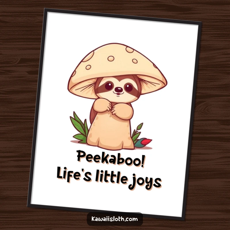 Funny Free Printable Wall Art: A sloth peeking from behind a mushroom, perfect downloadable decor for your space
