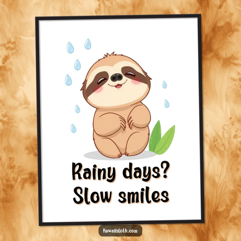 Funny Free Printable Wall Art: A sloth smiling peacefully while attempting to catch falling raindrops.