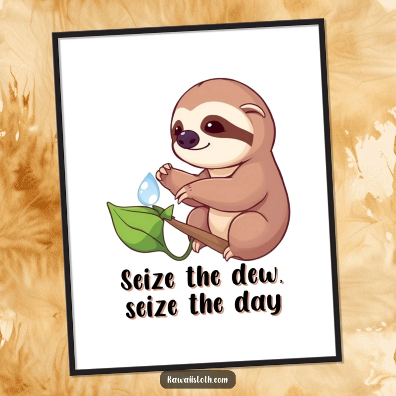 Funny Free Printable Wall Art: A sloth cautiously reaches for a dewdrop on a leaf, showcasing serene, humorous artistry.