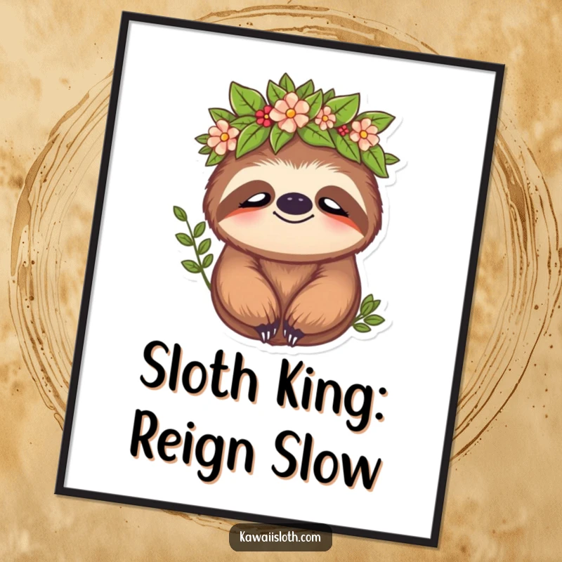 Funny Free Printable Wall Art: Illustration of a peaceful sloth wearing a leafy crown, creating a calm and humorous decorative piece.