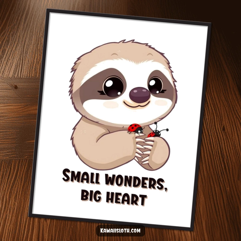 Funny Free Printable Wall Art of a sloth with wide, innocent eyes gently observing a tiny, delicate ladybug on its paw.