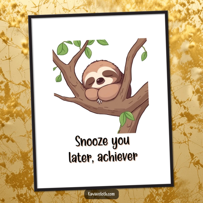 Funny Free Printable Wall Art of a contented sloth sighing peacefully as it naps soundly on a sturdy tree branch.