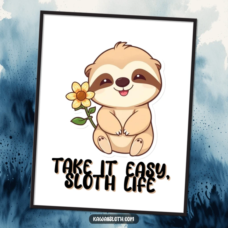 Funny Free Printable Wall Art: A happy sloth with a flower behind its ear waves slowly, creating a peaceful scene.