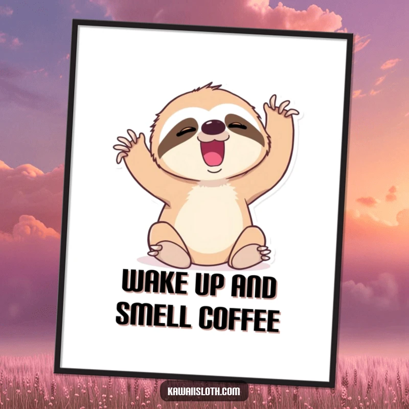 Funny free printable wall art of a sloth with a tiny yawn, stretching its limbs, embodying relaxed effort.