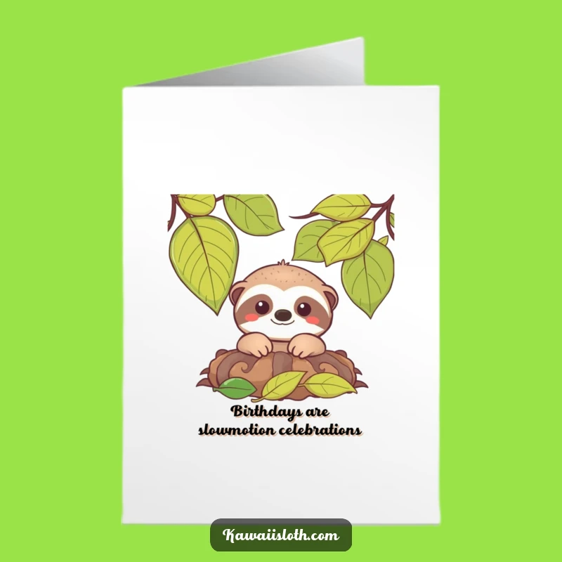 Free Printable Birthday Card: Smiling Sloth in Leaves Funny Downloadable Gift